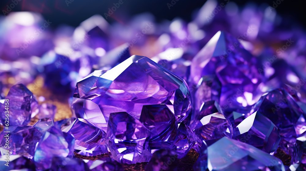 Amazing bright and shiny Amethyst crystal cluster background. Jewel mineral detailed macro. Generati