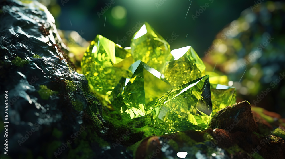 Amazing bright and shiny Olivine crystal cluster background. Jewel mineral detailed macro. Generativ