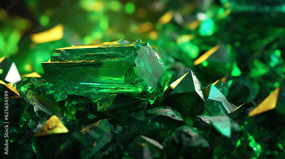 Amazing bright and shiny Uvarovite crystal cluster background. Jewel mineral detailed macro. Generat