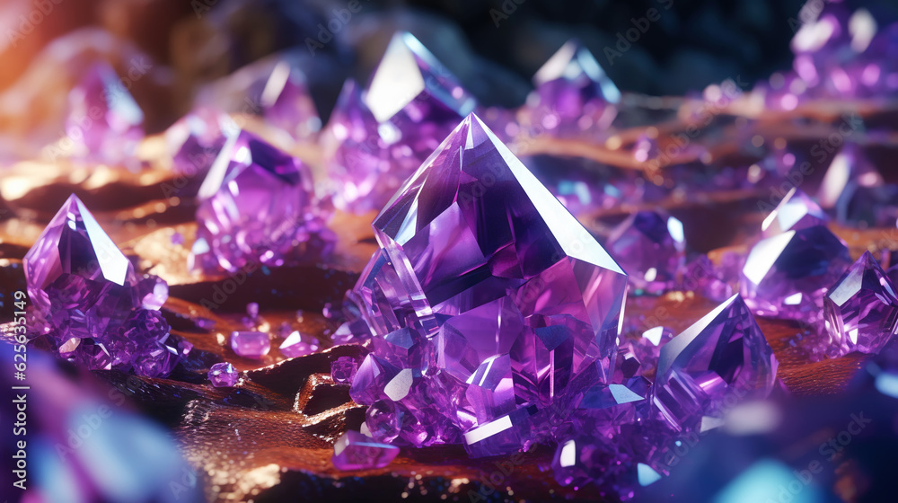 Amazing bright and shiny Amethyst crystal cluster background. Jewel mineral detailed macro. Generati