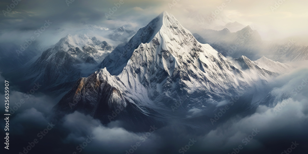 Dramatic snow-capped mountains landscape. Clouds and fog covers stone slopes. Generative AI