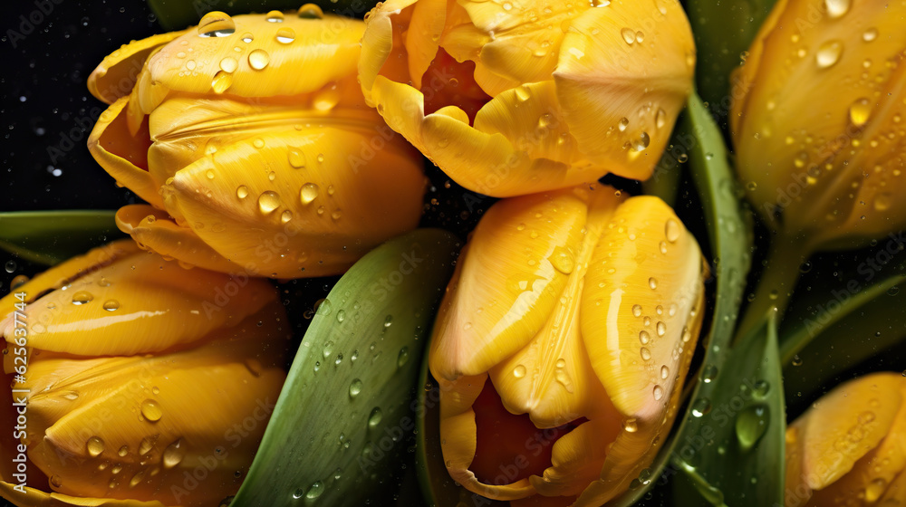 Yellow Tulips flowers with water drops background. Closeup of blossom with glistening droplets. Gene