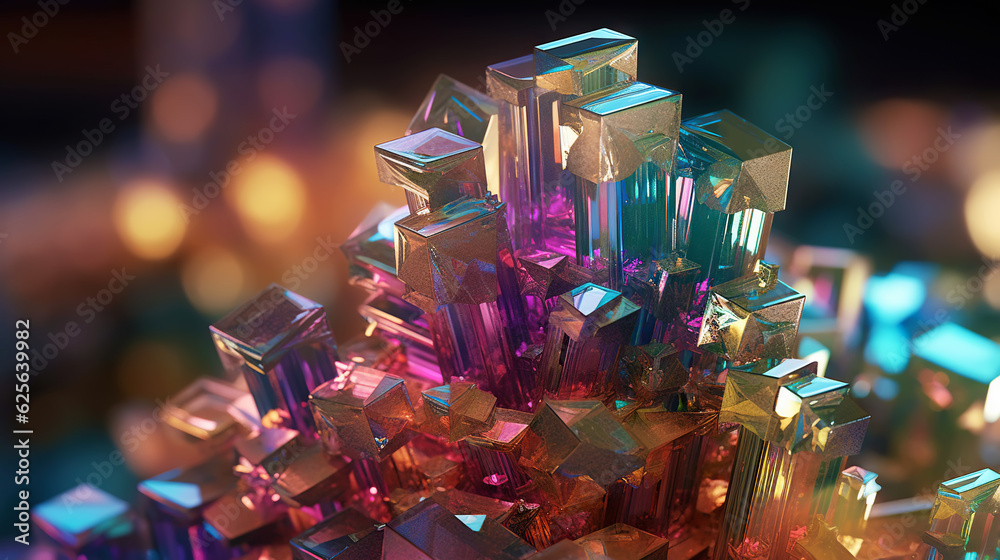 Amazing bright and shiny Bismuth crystal cluster background. Jewel mineral detailed macro. Generativ