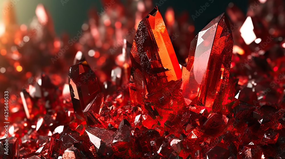 Amazing bright and shiny Realgar crystal cluster background. Jewel mineral detailed macro. Generativ