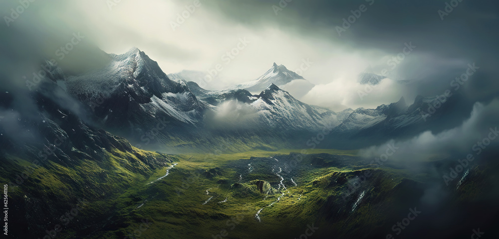 Dramatic snow-capped mountains landscape. Clouds and fog covers stone slopes. Generative AI