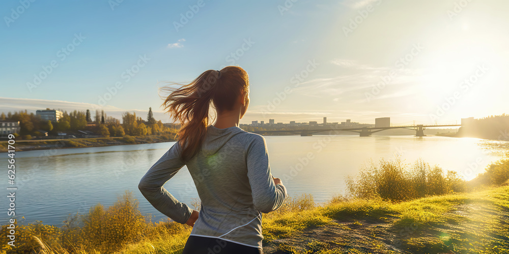 Young woman running on pier near river in morning. Generative AI