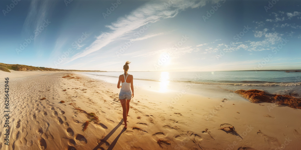 Athletic woman running on the beach. Female runner. Generative AI