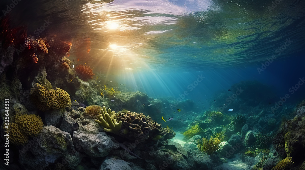 Underwater sunlight through the water surface seen from a rocky seabed with algae. Generative AI