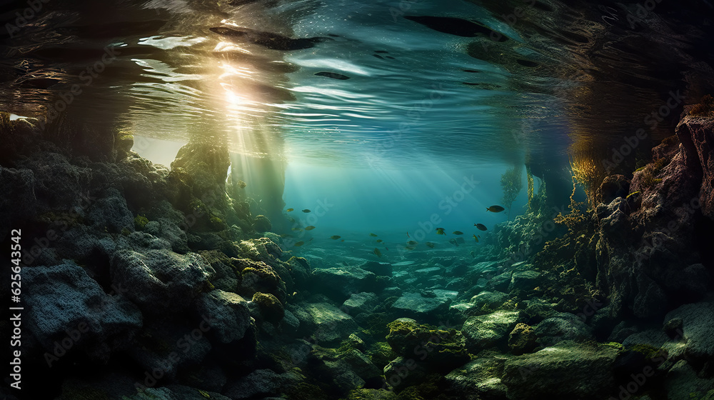 Underwater sunlight through the water surface seen from a rocky seabed with algae. Generative AI