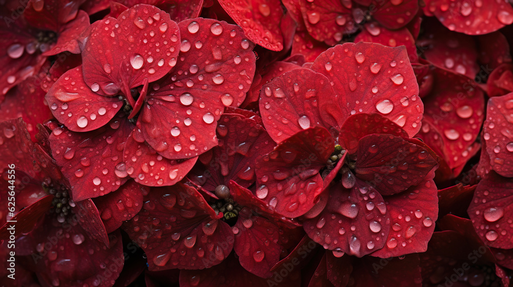 Red Hydrangeas flowers with water drops background. Closeup of blossom with glistening droplets. Gen