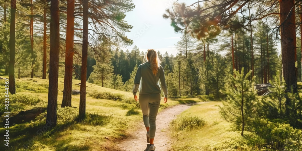 Woman running in park with green trees on beautiful summer day. Sport fitness concept. Generative AI