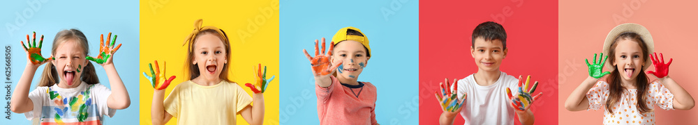 Collage of happy little children with palms in colorful paints