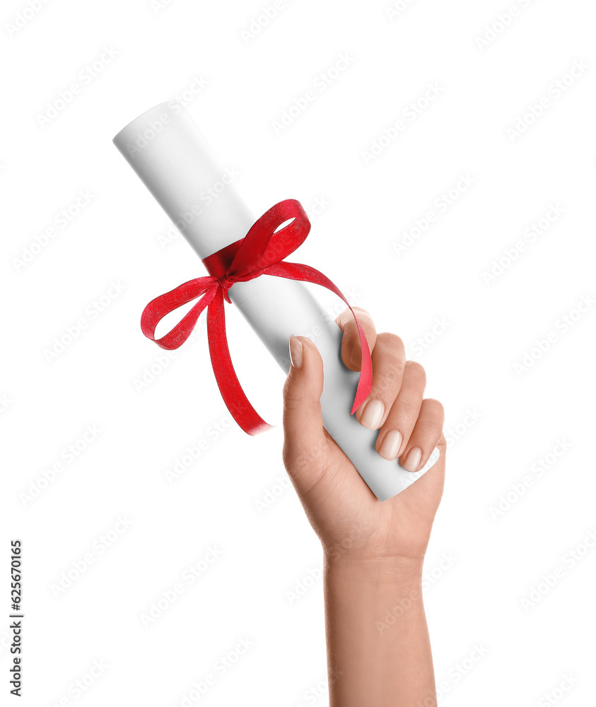 Woman holding diploma with ribbon on white background