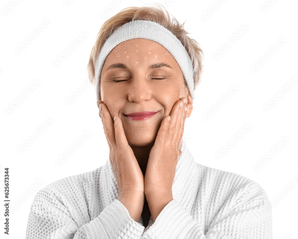 Mature woman with marked face for filler injections on white background, closeup