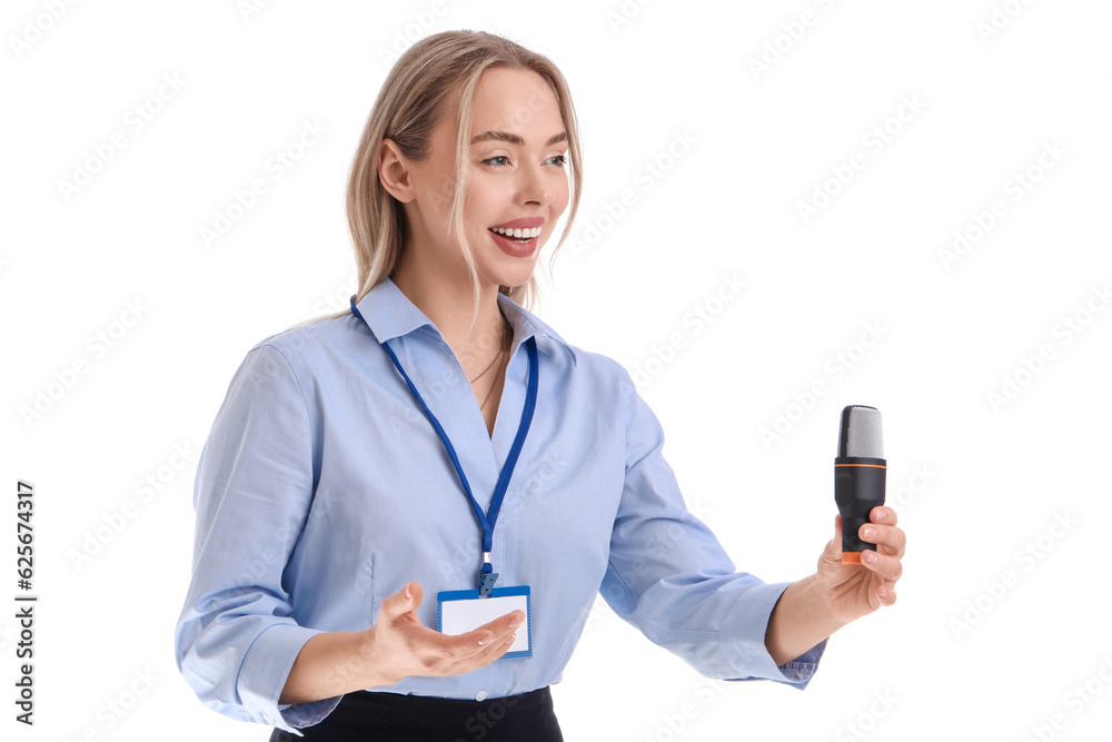 Female journalist with microphone on white background