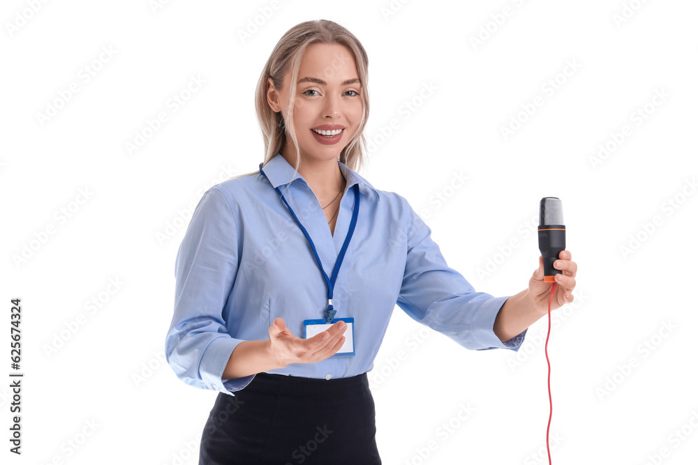 Female journalist with microphone on white background