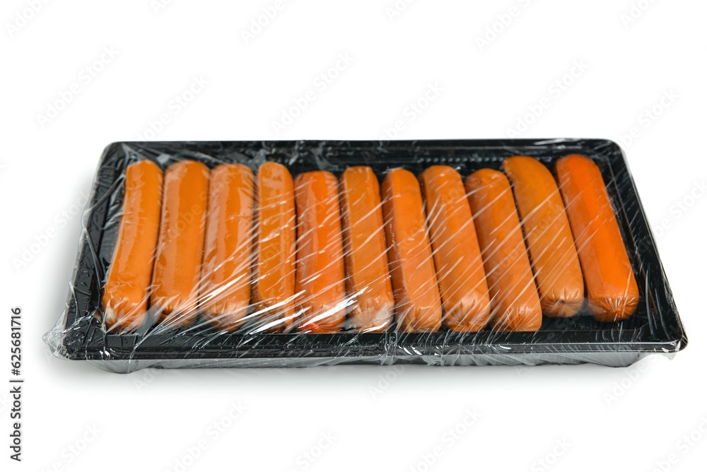 Sausages in plastic package on white background