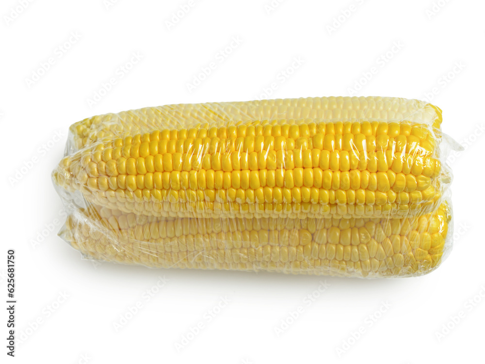 Corn in plastic food wrap on white background