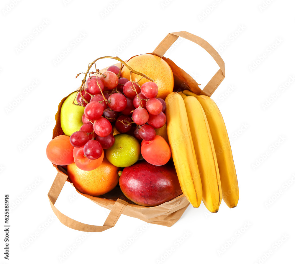 Paper bag with fresh fruits on white background. Grocery shopping concept