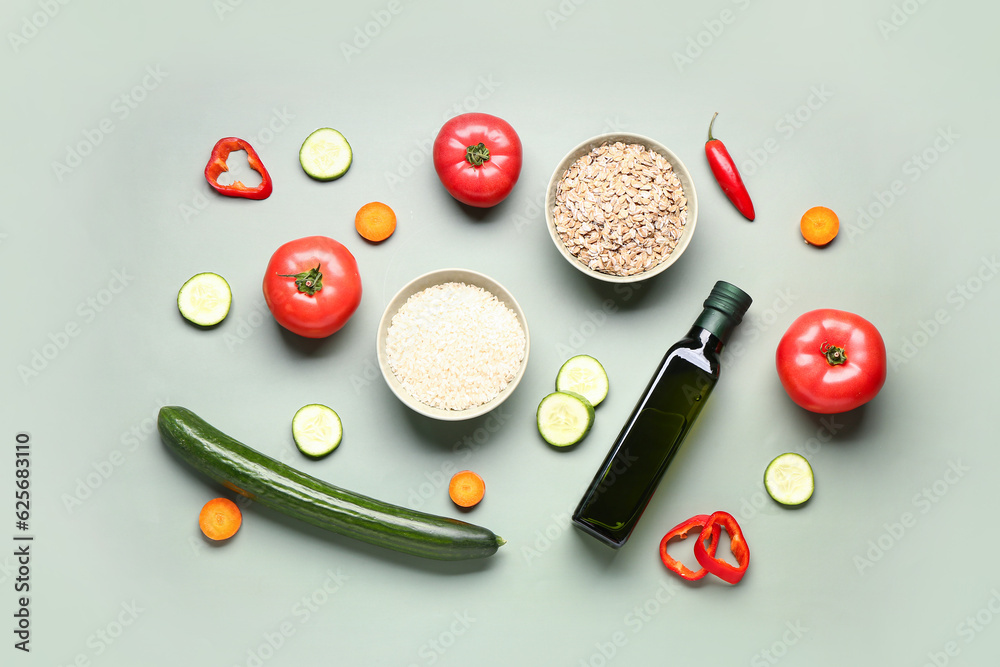 Different healthy products on green background