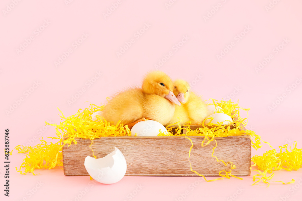 Wooden box with eggs and cute ducklings on pink background