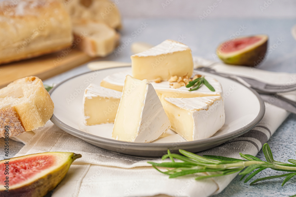 Plate with pieces of tasty Camembert cheese on grey background