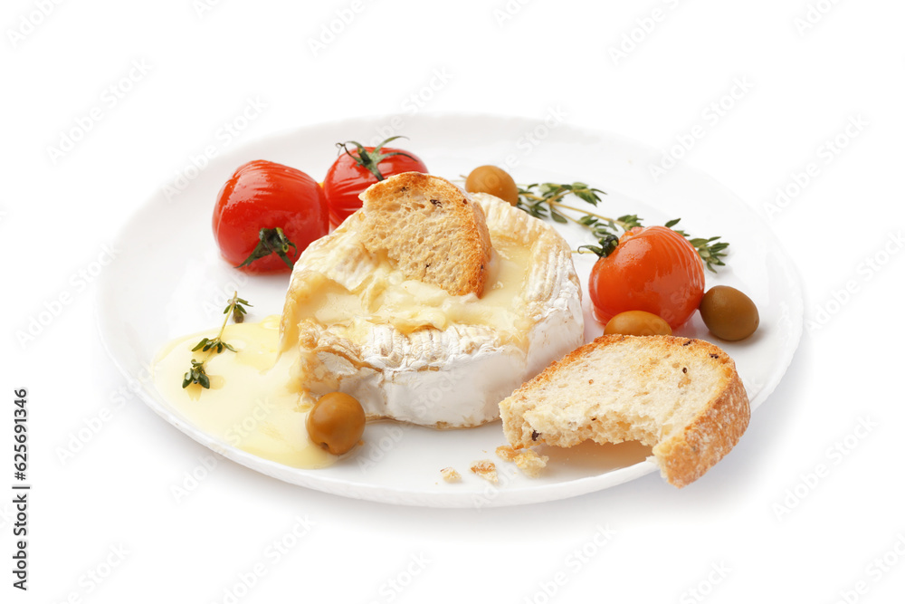 Plate of tasty baked Camembert cheese on white background