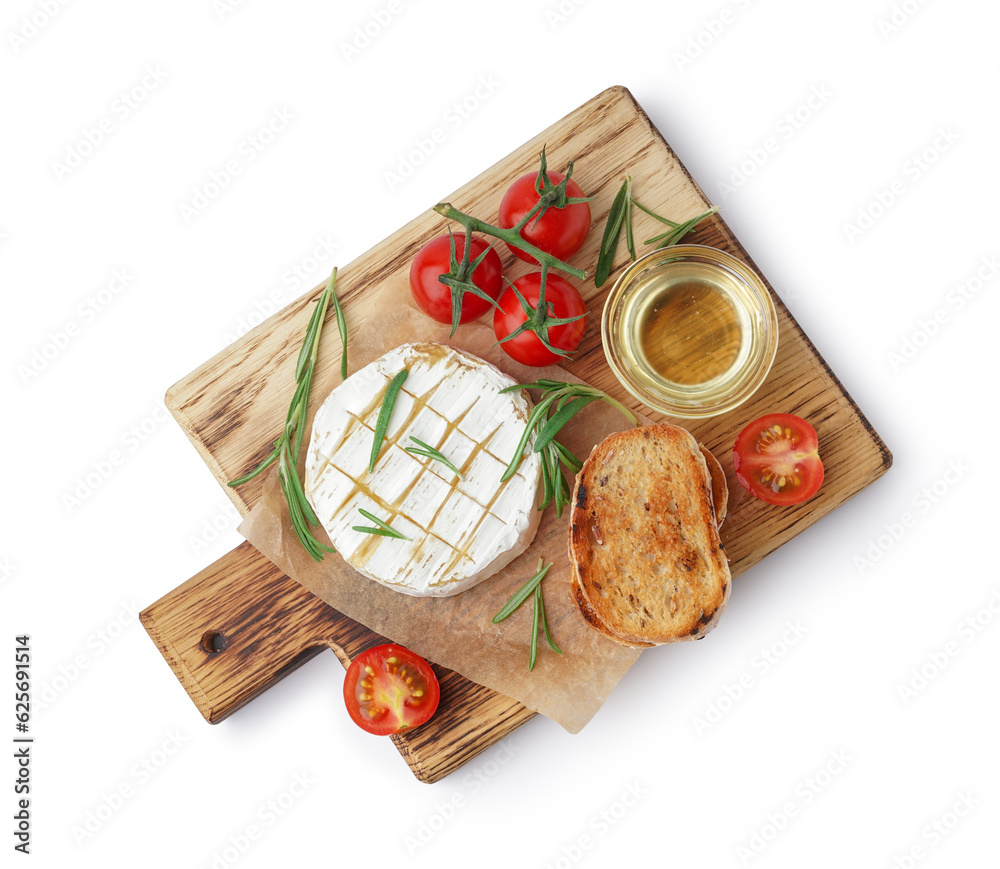 Wooden board with tasty baked Camembert cheese on white background