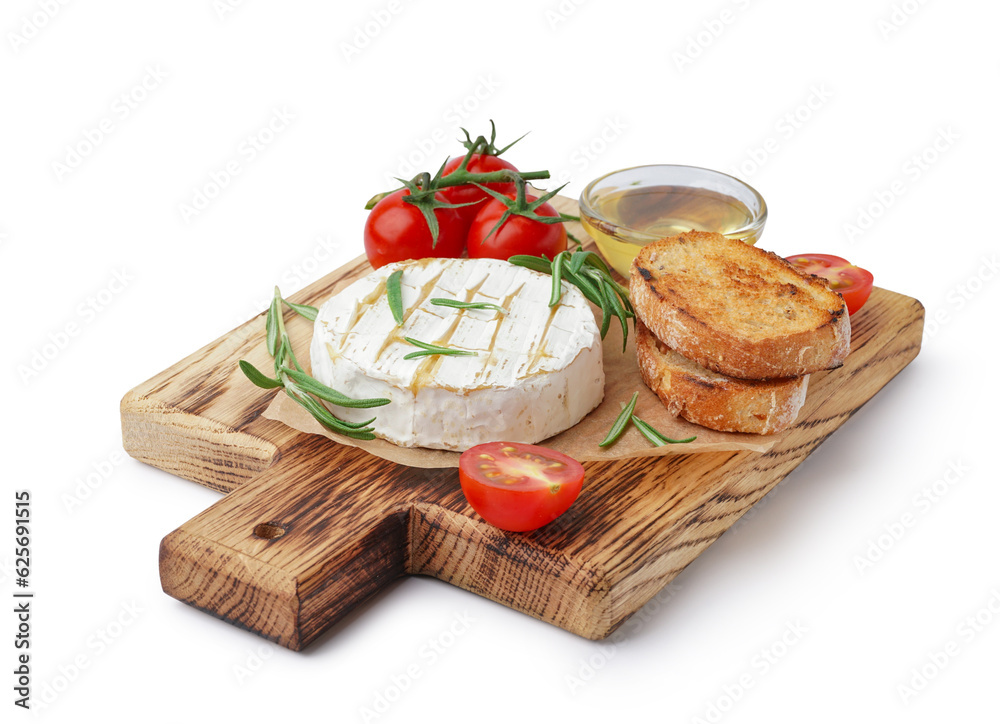 Wooden board with tasty baked Camembert cheese on white background