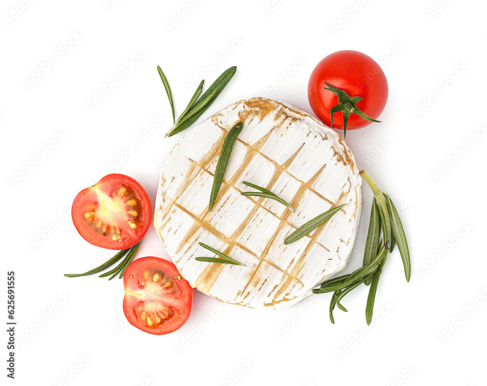 Tasty baked Camembert cheese with tomatoes on white background