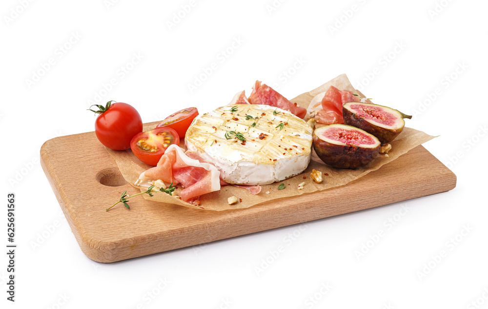 Wooden board with tasty baked Camembert cheese on white background