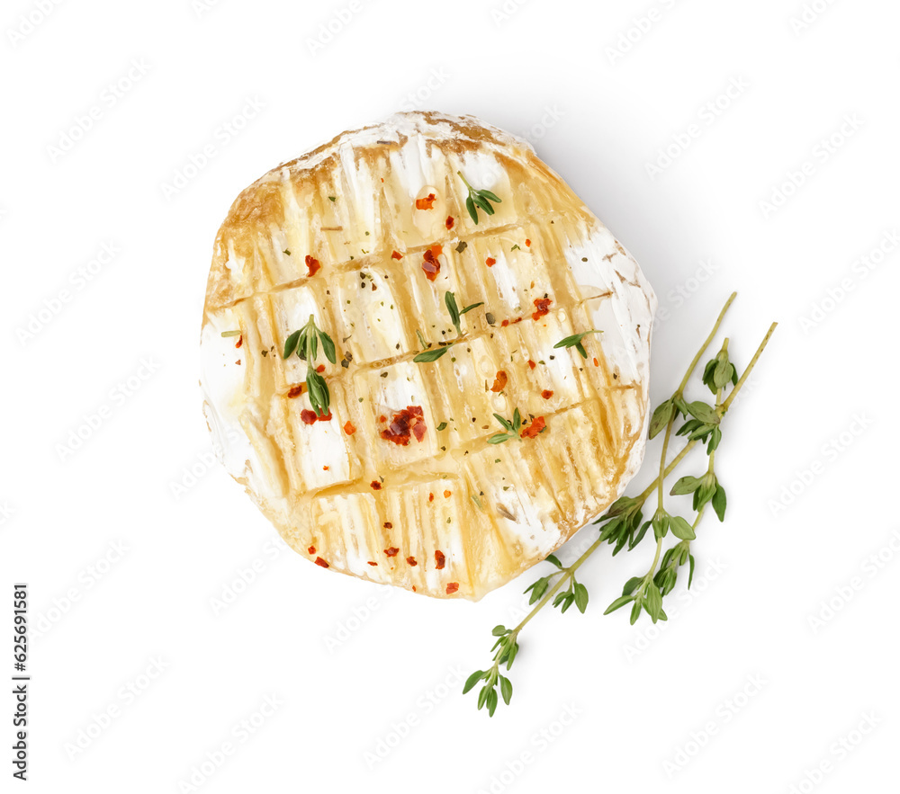 Tasty baked Camembert cheese on white background