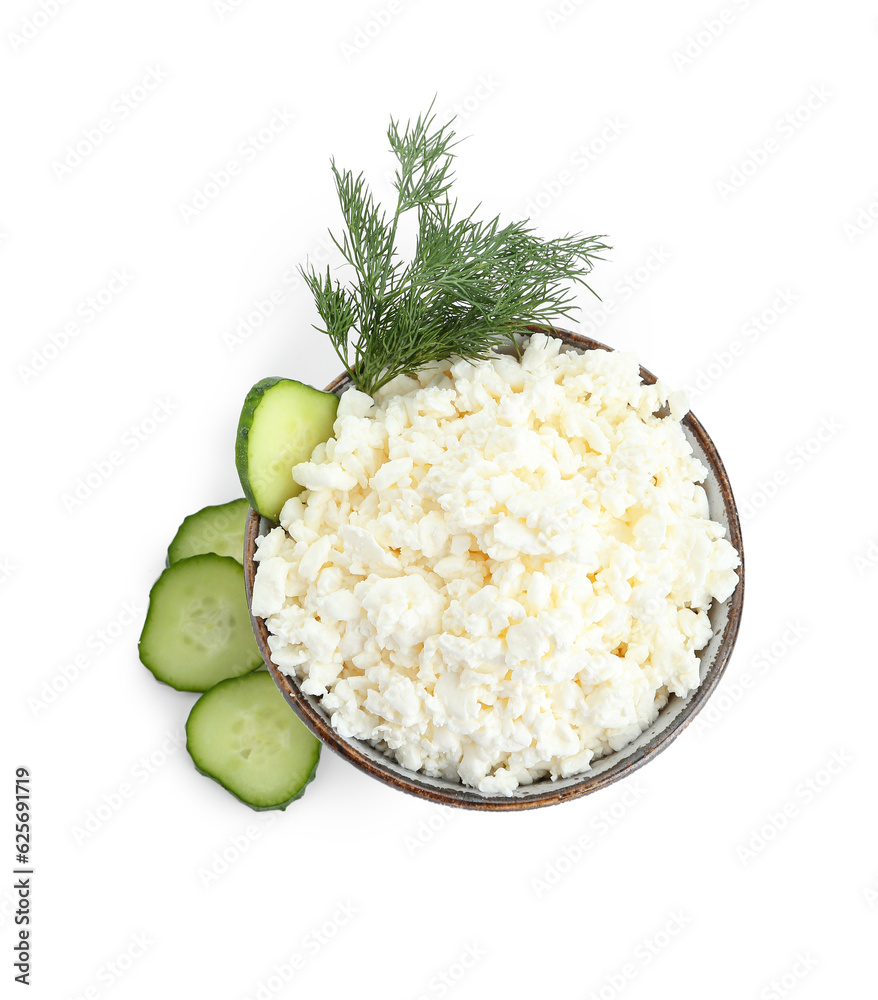 Bowl of tasty cottage cheese on white background