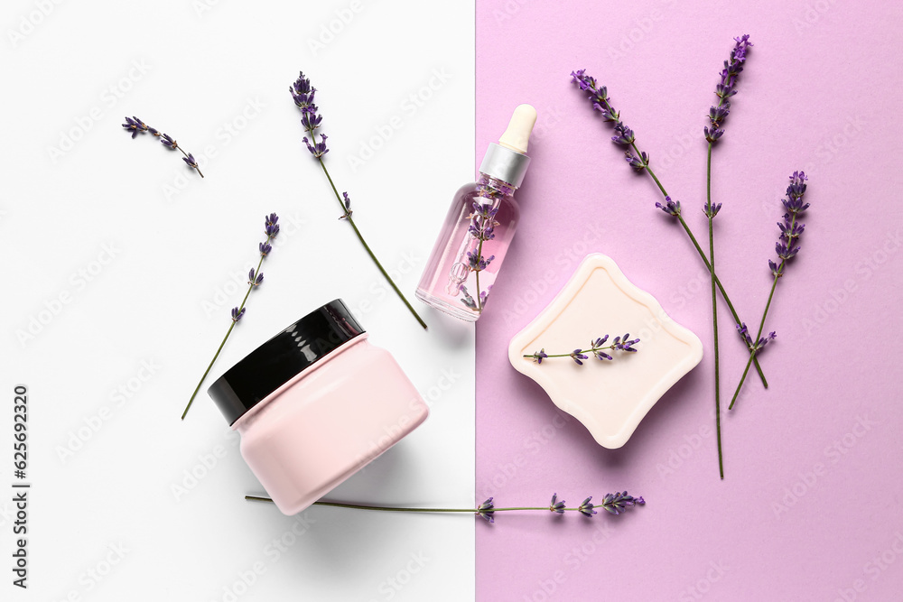 Composition with cosmetic products and aromatic lavender flowers on color background