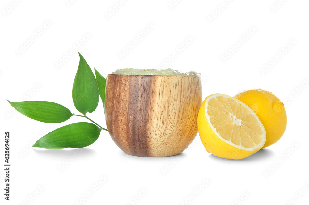 Bowl of lemon body scrub isolated on white background