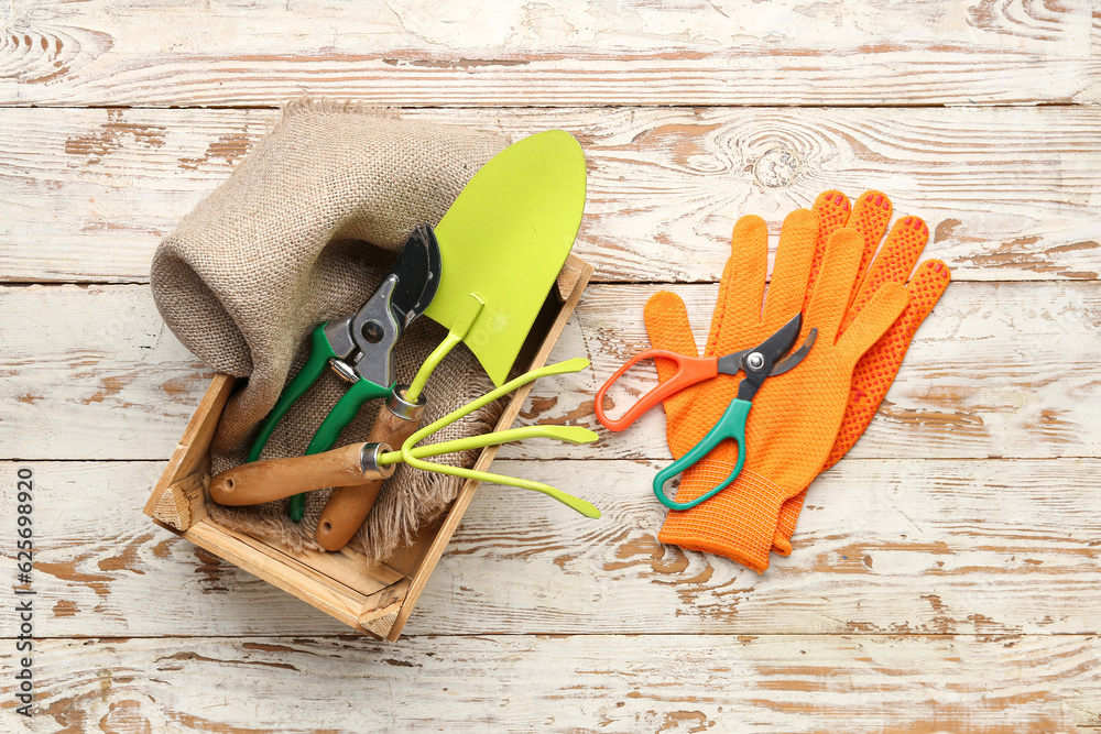 Gardening tools and gloves on white wooden background