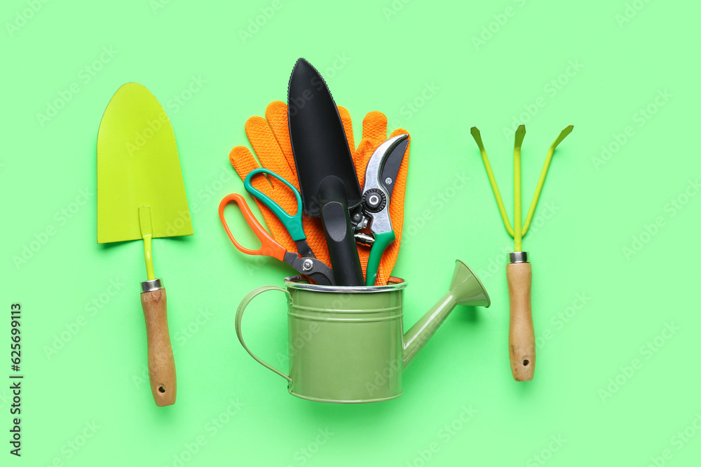 Gardening tools on green background