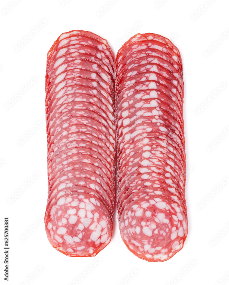 Slices of tasty salami on white background