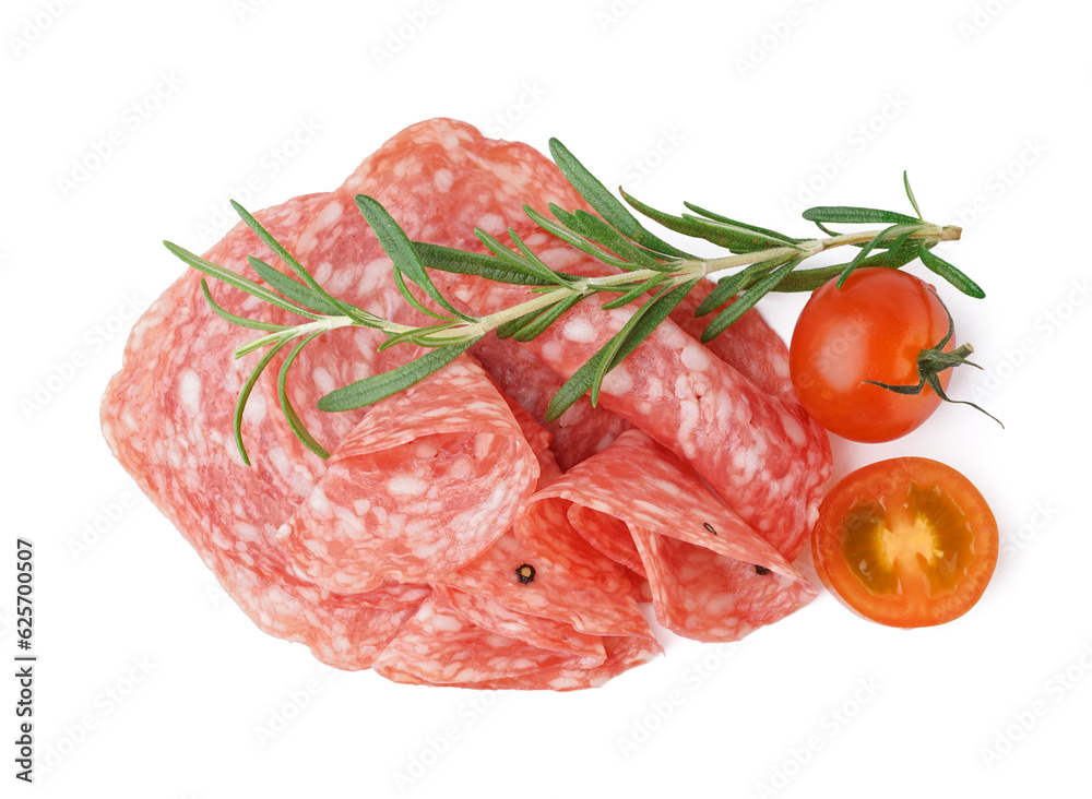 Slices of tasty salami on white background