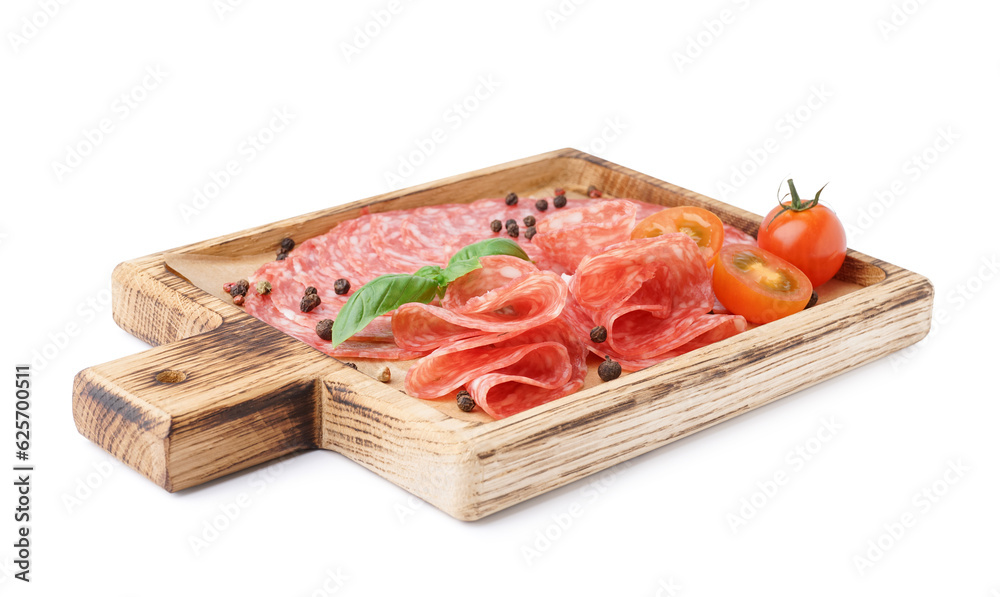 Wooden board with slices of tasty salami on white background