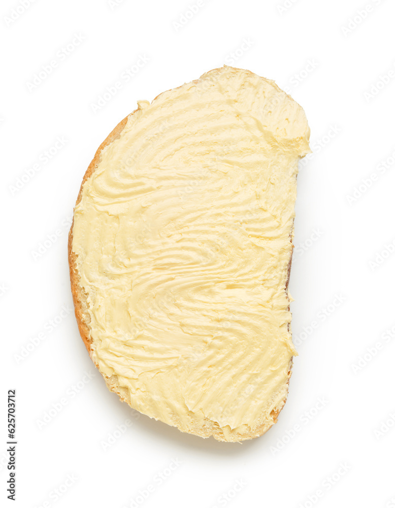 Tasty toast with butter on white background