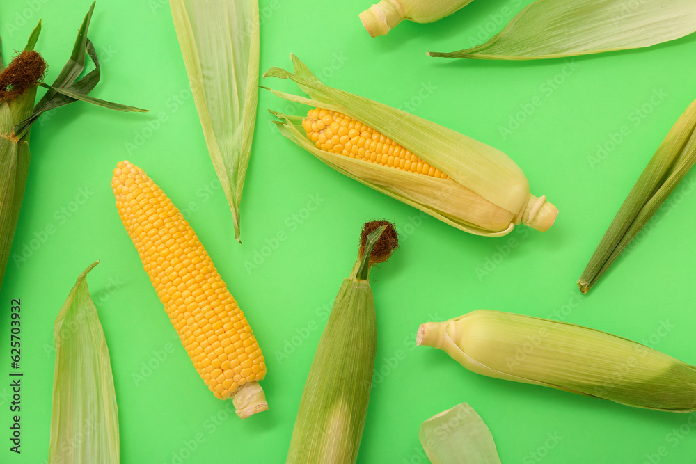 Fresh corn cobs on green background