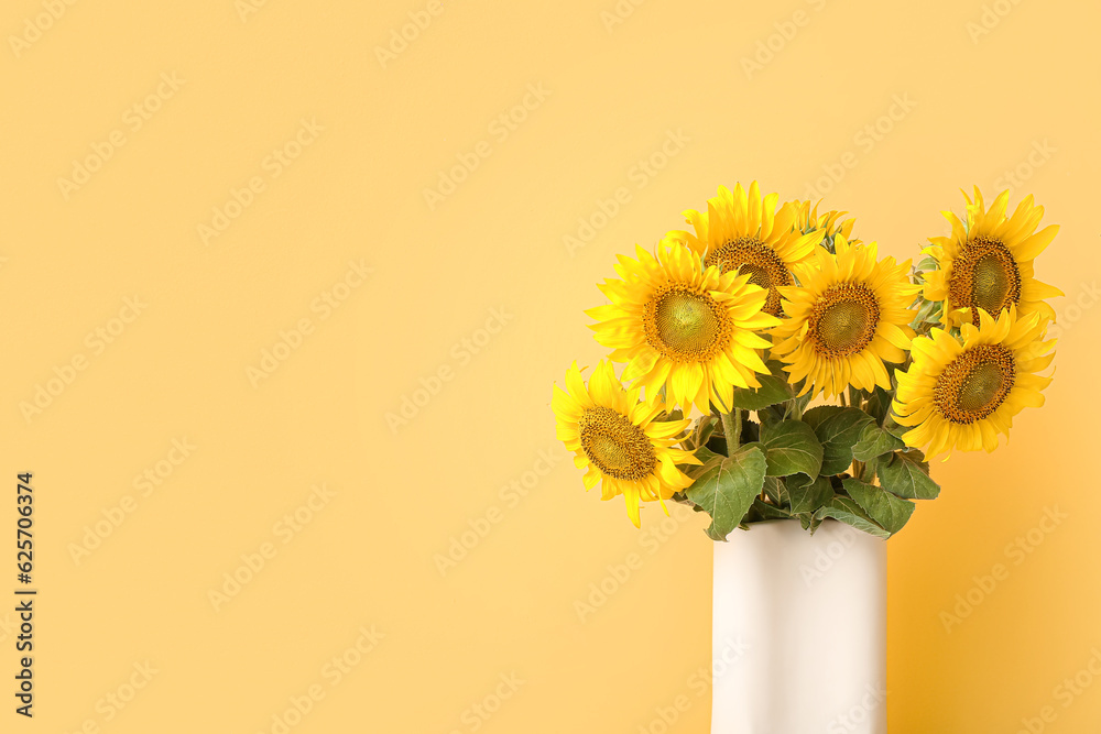 Vase with sunflowers near color wall, closeup