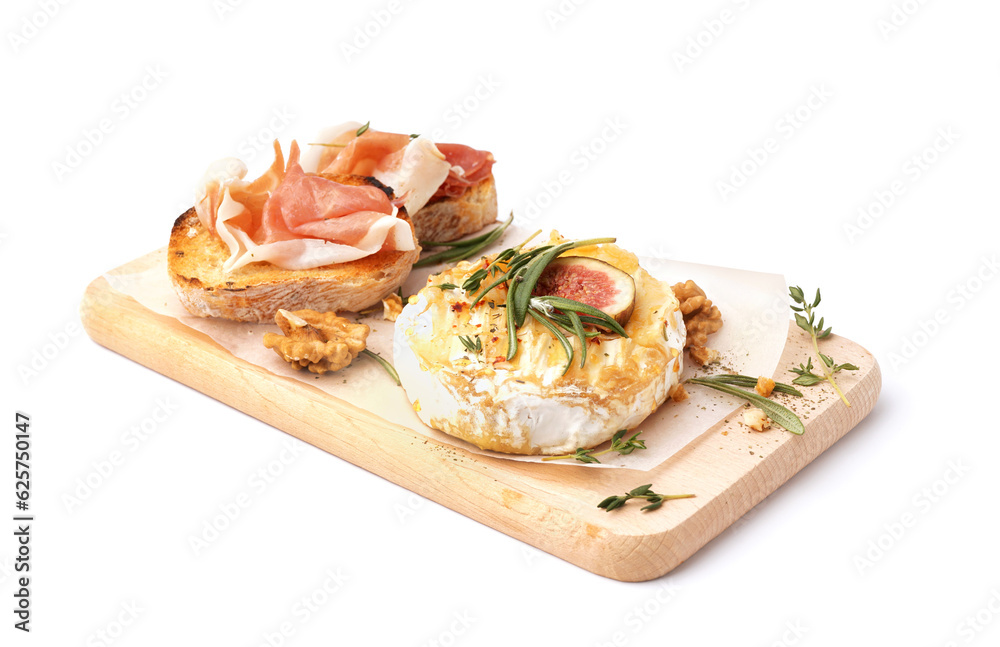 Wooden board with tasty baked Camembert cheese on white background