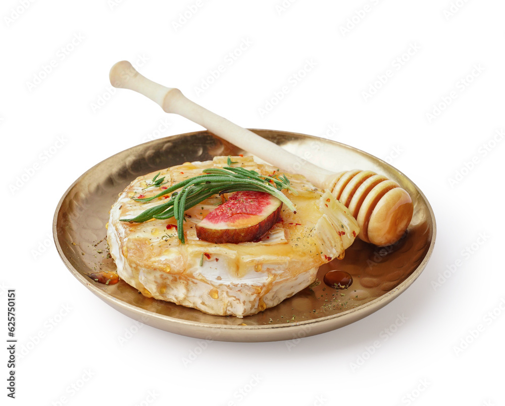 Plate with tasty baked Camembert cheese on white background