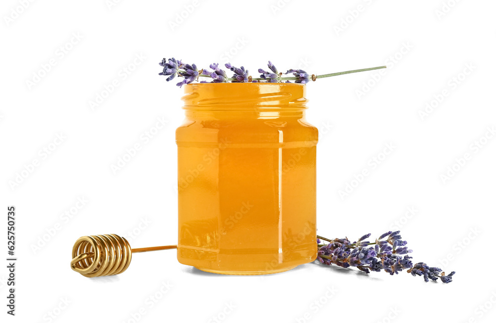 Jar of sweet lavender honey, dipper and flowers on white background