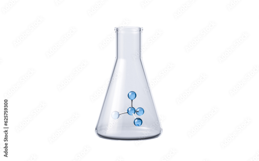 Chemical glassware and molecule, 3d rendering.