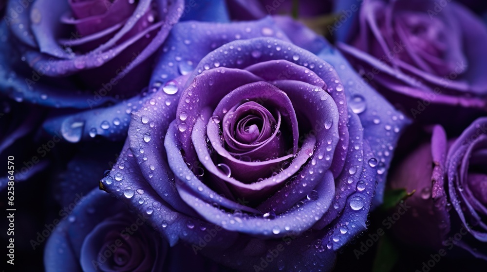 Purple Roses flowers with water drops background. Closeup of blossom with glistening droplets. Gener