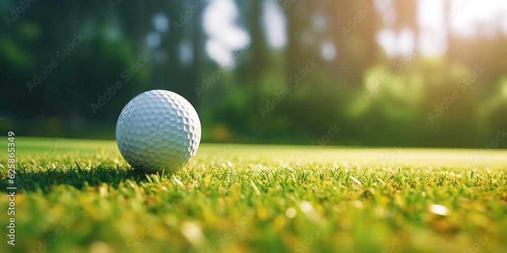 Close-up of golf ball on green grass of golf course, sunny day, blurred backdrop. Generative AI