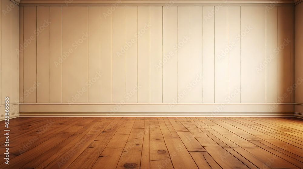 Beige wall empty apartment room with wooden floor. Copy space for product placement. Generative AI